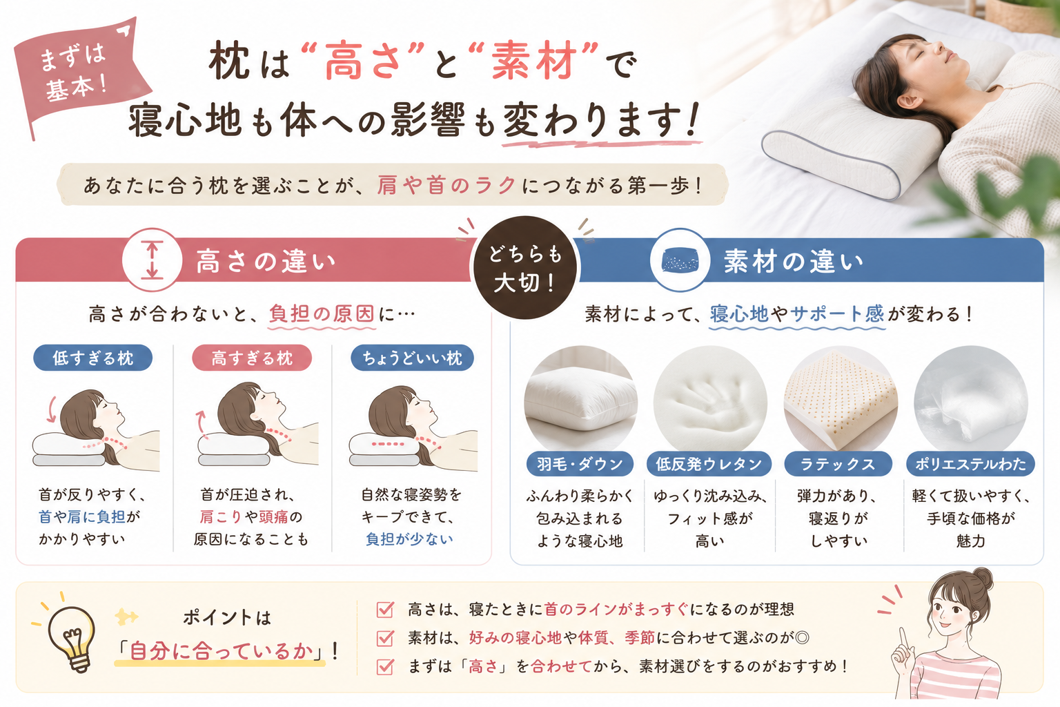 枕選びで肩や首は変わる？高さと素材の違いを解説
