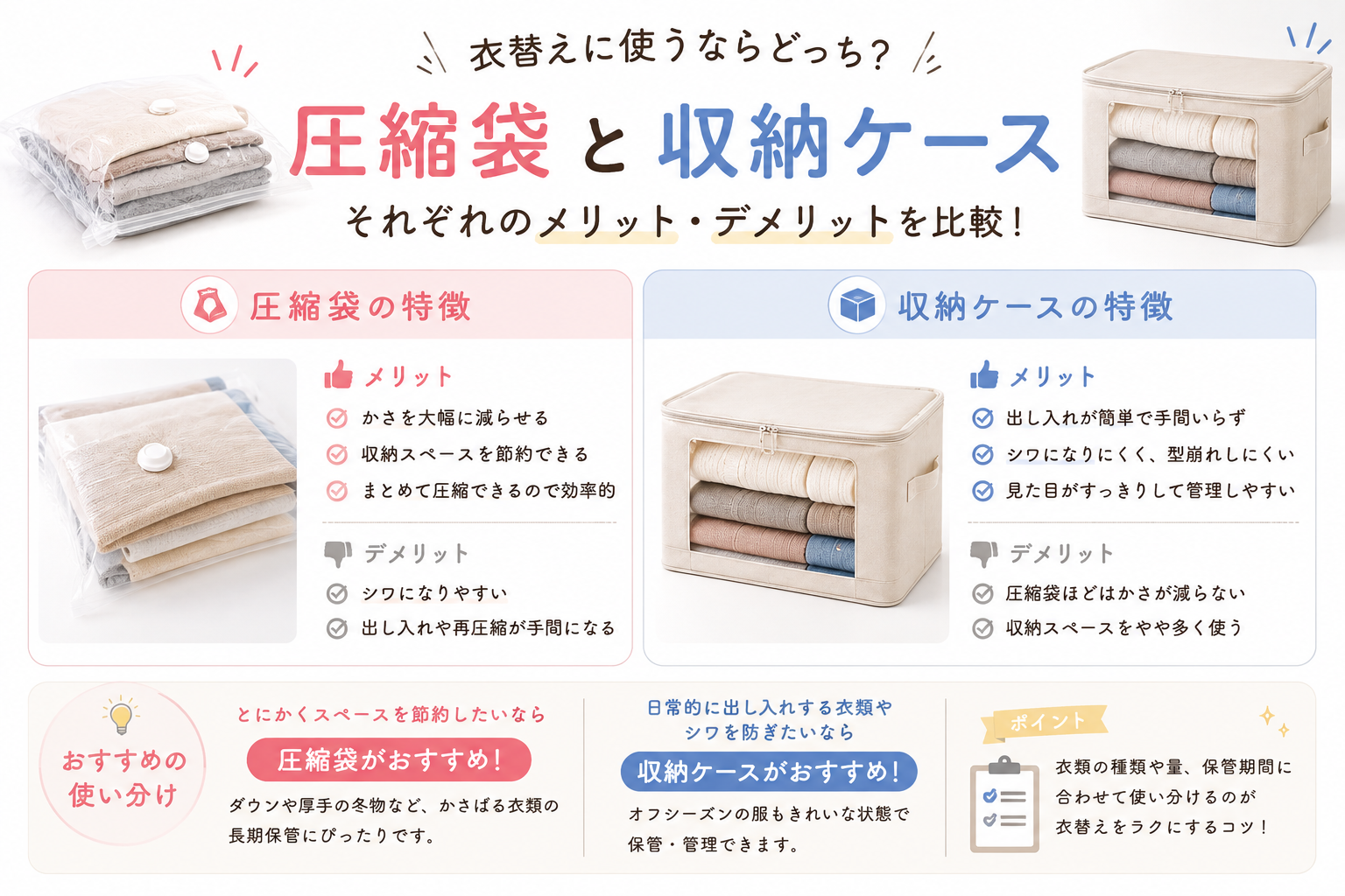 圧縮袋と収納ケース、衣替えに使うならどっち?