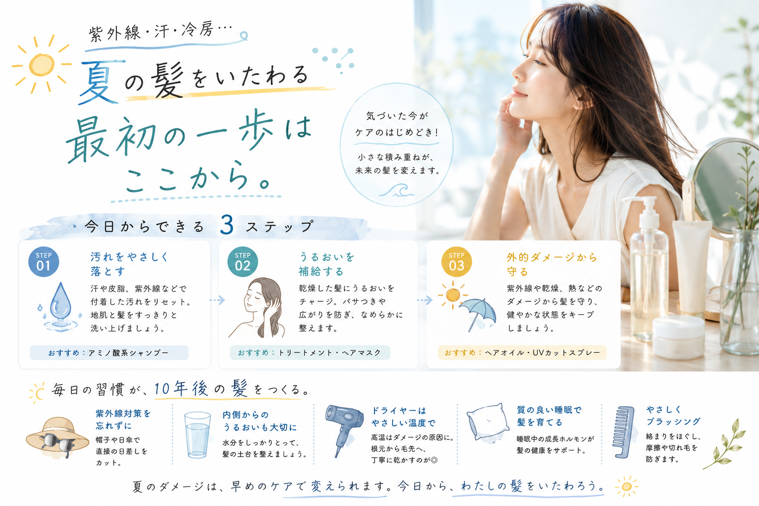 Steps to begin caring for summer damaged hair