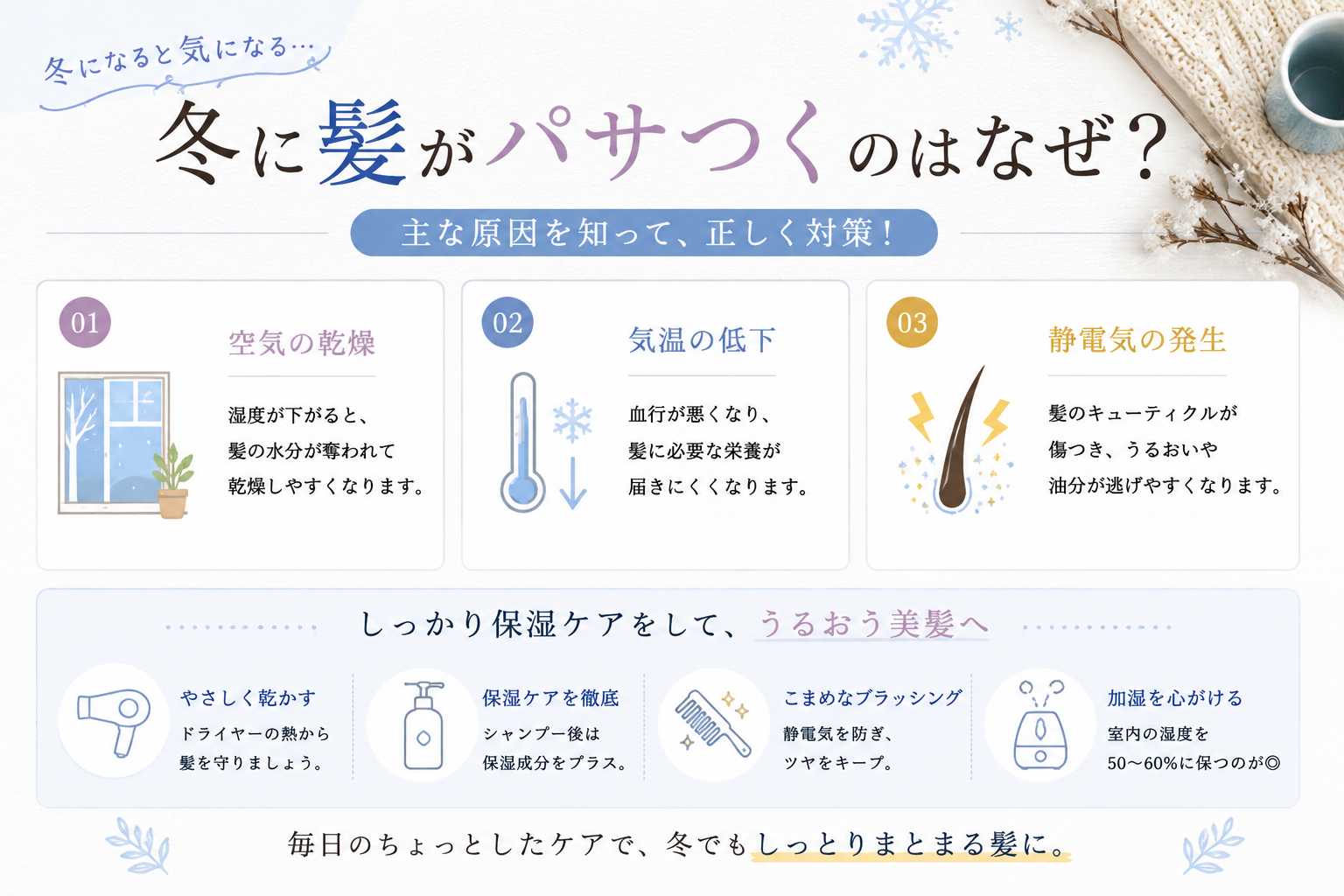 冬に髪がパサつくのはなぜ？乾燥対策を解説